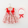 Baby Girl Clothes Strawberry Bow Strap Dresses Girl Kid's Infant Dress Hat Set KENNRICK