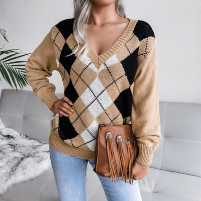 Diamond Knitted V-neck Long Sleeve Plaid Casual Pullover Sweater KENNRICK