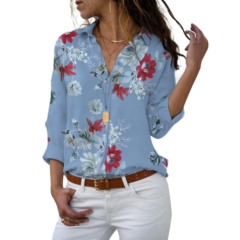 Summer Floral Print Blouse Women Clothes Stand Collar Long Sleeve Office Lady Shirts Tops Female Casual Blouses KENNRICK