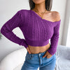 2022 New Women Autumn Winter Fashion Twist Off Shoulder Long Sleeve Cropped Knit Sweater For Ladies Fashion Solid Color Tops HESAXY