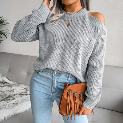 2022 New Women Causal Autumn Winter Off The Shoulder Solid Color Loose Knitted Sweater For Ladies Fashion All Match Tops HESAXY