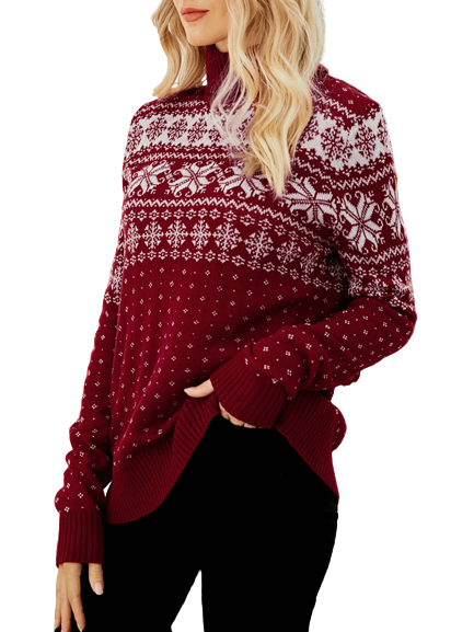 Women Snowflakes Christmas Sweater Knitted Jumpers  Turtleneck Pullovers KENNRICK