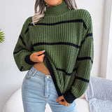 2022 New Women Fall Winter Casual Striped Lantern Sleeve Turtleneck Knit Sweater For Ladies Loose Fashion Chic Tops HESAXY