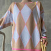 Women Argyle Sweaters Vintage O-neck Panelled Knitted Pullovers KENNRICK