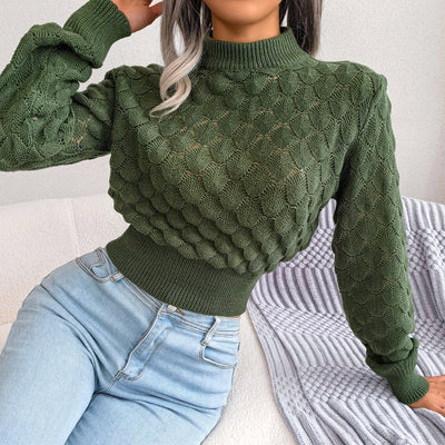 2022 New Women Fashion Fall Winter 3D Diamond Cutout Long Sleeve Solid Color Chic Crop Knit Sweater HESAXY