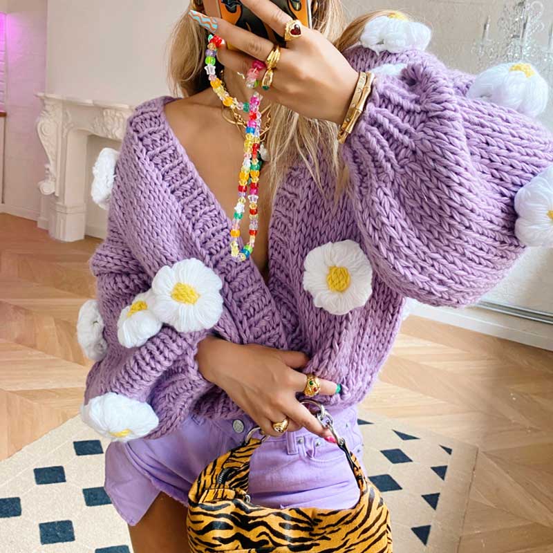 Chunky cardigan women long sleeve bloom knit 3D floral cardigan sweater coat KENNRICK