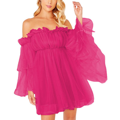 Off Shoulder Ruched Tulle Long Flounce Sleeves Evening Prom Gowns Mini Length Dress KENNRICK