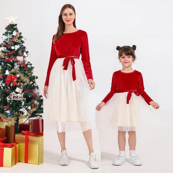 Velvet Clothes Long Sleeve Mesh Outfits Mother Daughter Matching Family Mommy and Me Dresses KENNRICK