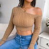 2022 New Women Autumn Winter Fashion Twist Off Shoulder Long Sleeve Cropped Knit Sweater For Ladies Fashion Solid Color Tops HESAXY
