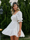 Simplee Lace up hollow out knot summer white dress women Holiday casual high waist ruffled mini dresses A-line frills vestido HESAXY