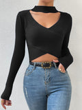 Summer To Autumn Women Long Sleeve Choker Neck Wrap Crop Top Pull Sweater Femme Criss Cross Ribbed Casual Pullover Clothes HESAXY