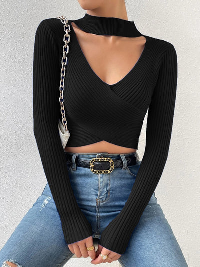 Summer To Autumn Women Long Sleeve Choker Neck Wrap Crop Top Pull Sweater Femme Criss Cross Ribbed Casual Pullover Clothes HESAXY