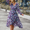 V Neck Lantern Sleeve  Lace-Up Ruffled High Slit Maxi Floral Dresses