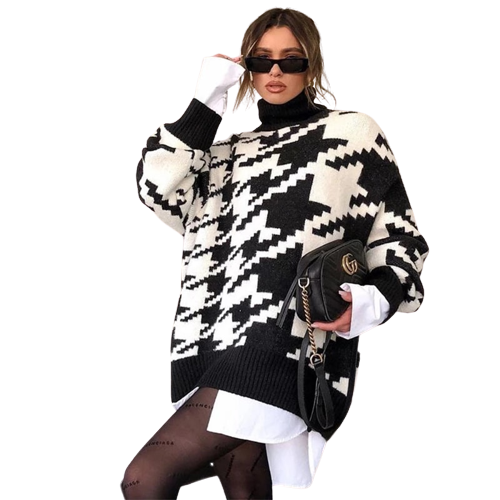 Long Sleeve Knit Pullover Houndstooth Turtleneck Fashion Sweater KENNRICK