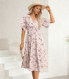 V-neck High Waist Ruffled Short-sleeved Floral Print Beach Midi Dresses KENNRICK