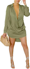 Casual Women Satin Mini Dress Boho Vintage V Neck Button Shirt Dresses KENNRICK
