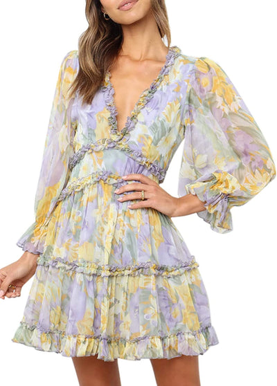 Women Spring Summer Deep V Neck Ruffle Long Sleeve Floral Print Mini Dress KENNRICK
