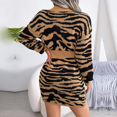 Tiger Print V Neck Chic Knitted Lantern Sleeve Nipped Waist Sweater Dresses KENNRICK