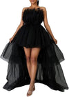 Women High Low Tulle Dress Strapless Solid Color Mesh Tiered Cocktail Party Dress Prom Gown KENNRICK