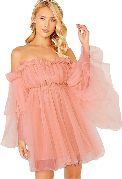 Off Shoulder Ruched Tulle Long Flounce Sleeves Evening Prom Gowns Mini Length Dress KENNRICK