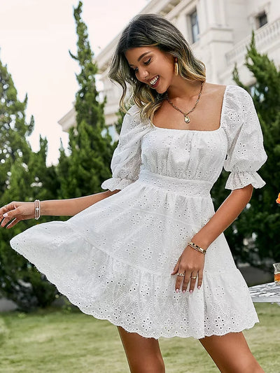 Lace up A-line frills vestido hollow out knot casual high waist ruffled mini dresses KENNRICK