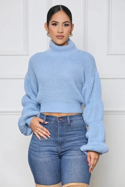 Women High Neck Puff Long Sleeve Knitted Pullover Sweater HESAXY
