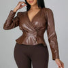 Women Long Sleeve V Neck PU Leather Tops KENNRICK